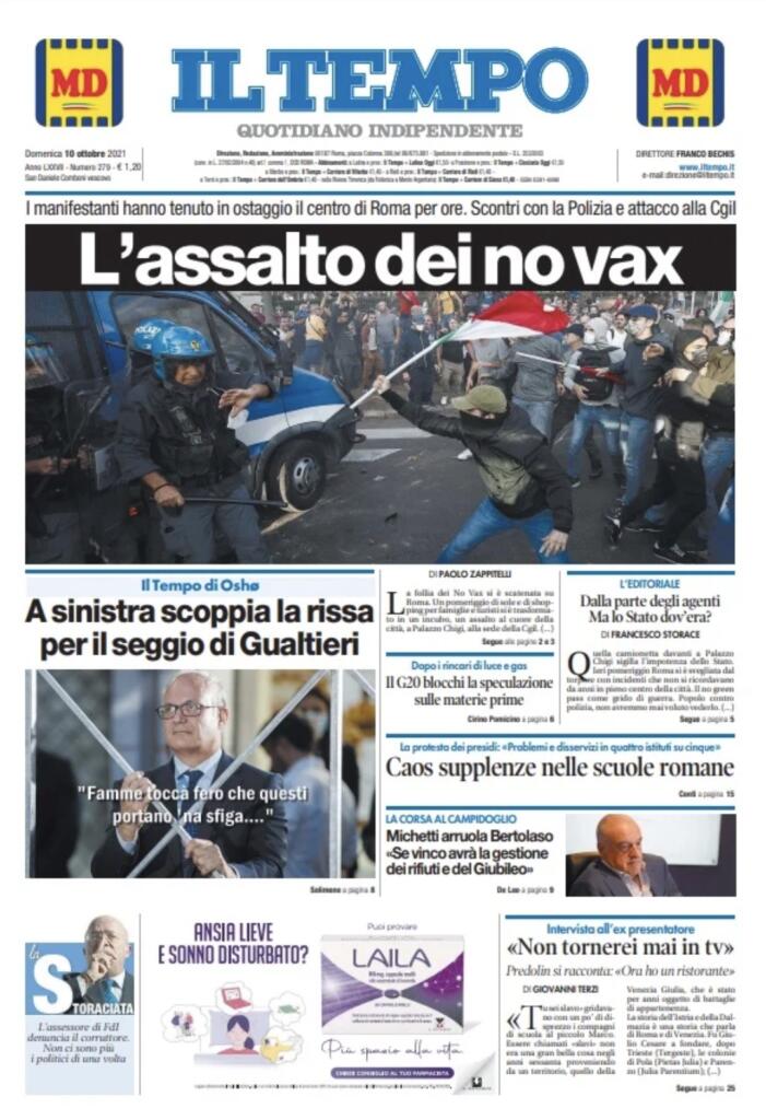 Assalto alla CGIL, Il Tempo prima pagina 10 ottobre