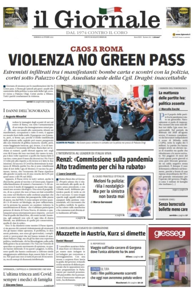 CGIL, il Giornale prima pagina 10 ottobre