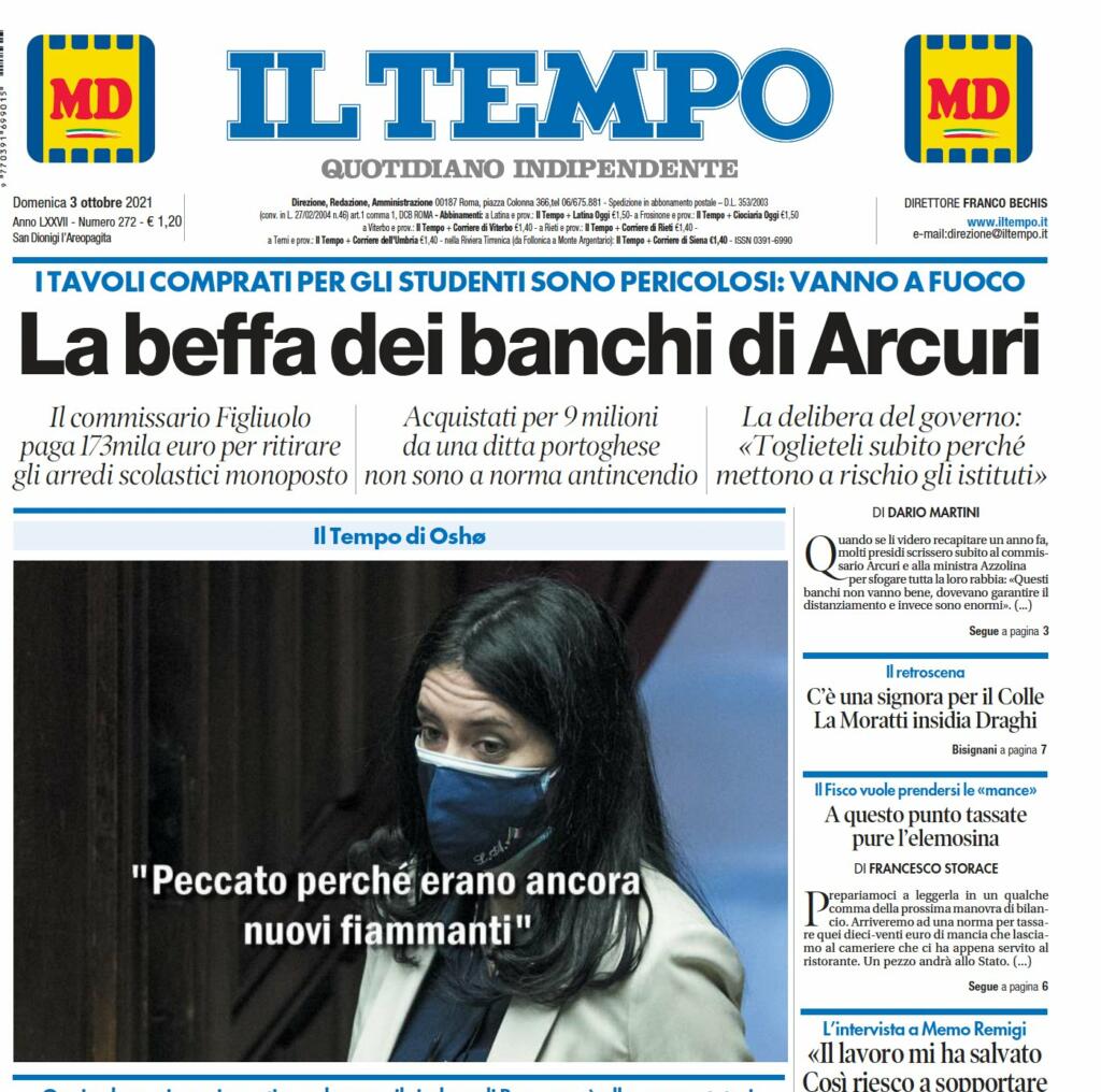 Banchi infiammabili, prima pagina Il Tempo 3 ottobre 2021