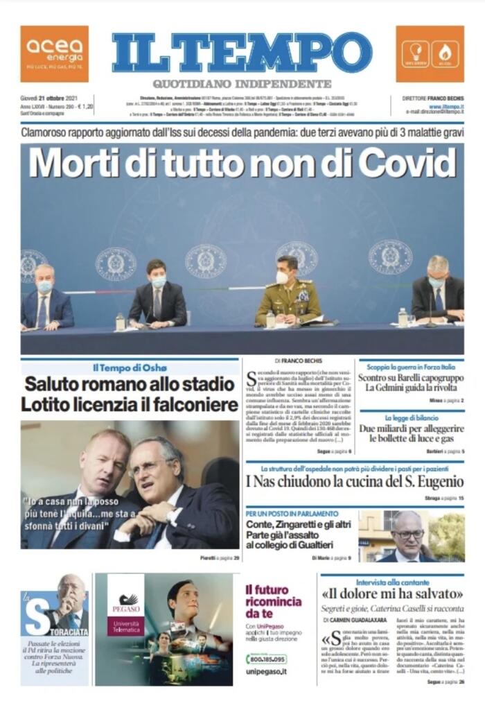 Prima pagina Il Tempo 21 ottobre