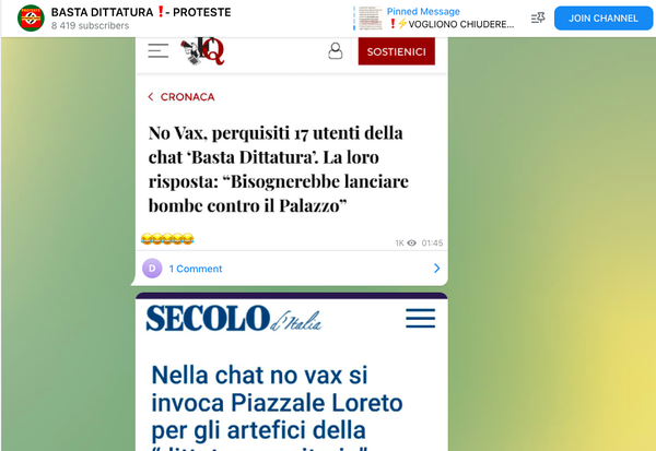 La lista di proscrizione su Telegram dei giornali che hanno parlato di Basta Dittatura