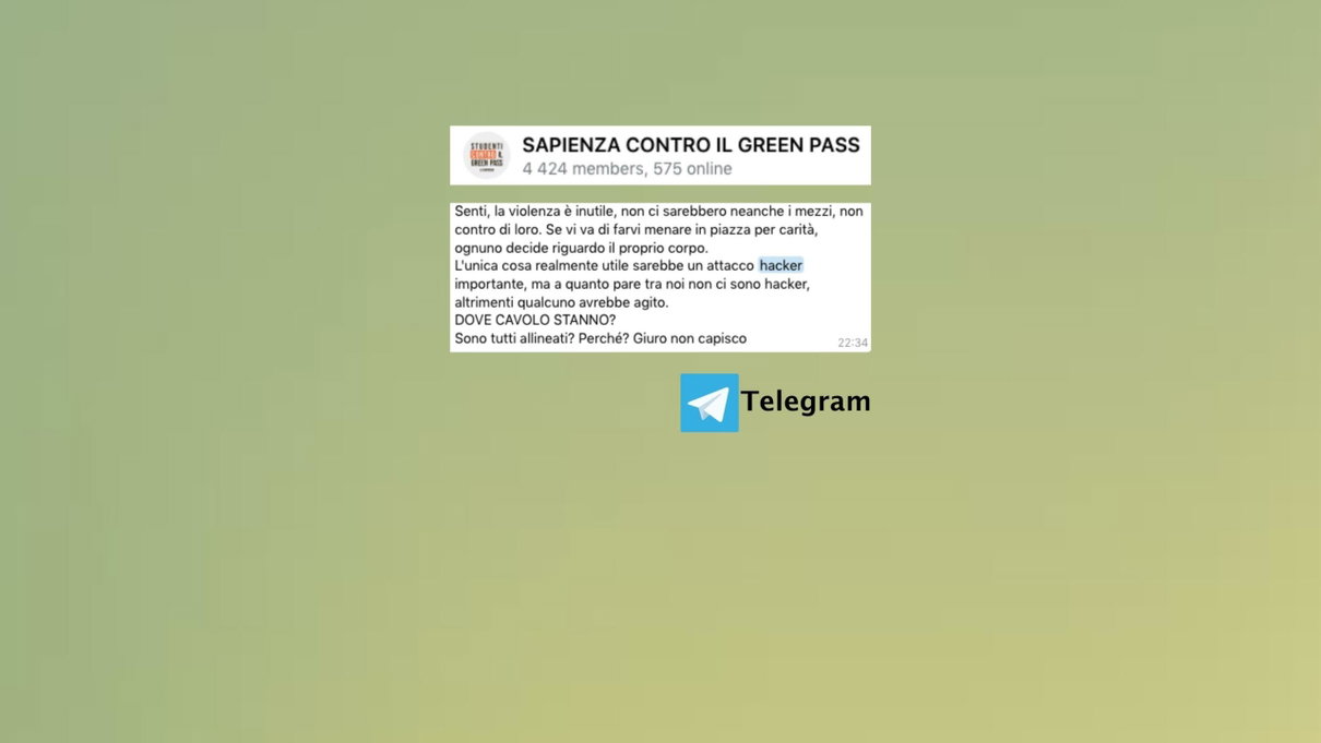 Nel gruppo Telegram “Sapienza contro il Green pass” si auspica un «attacco hacker» ma si ammette: «non siamo abbastanza bravi» article-post