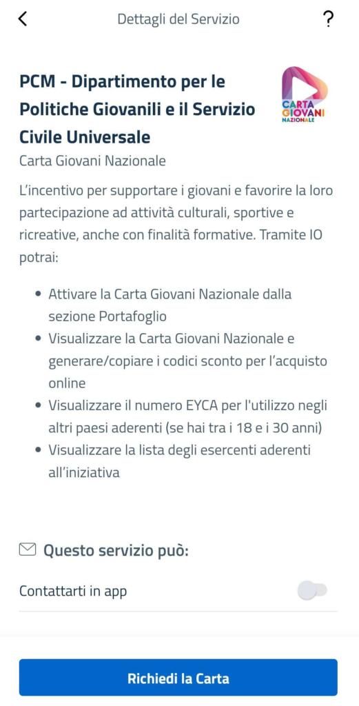 Carta Giovani nazionale iscrizione App Io