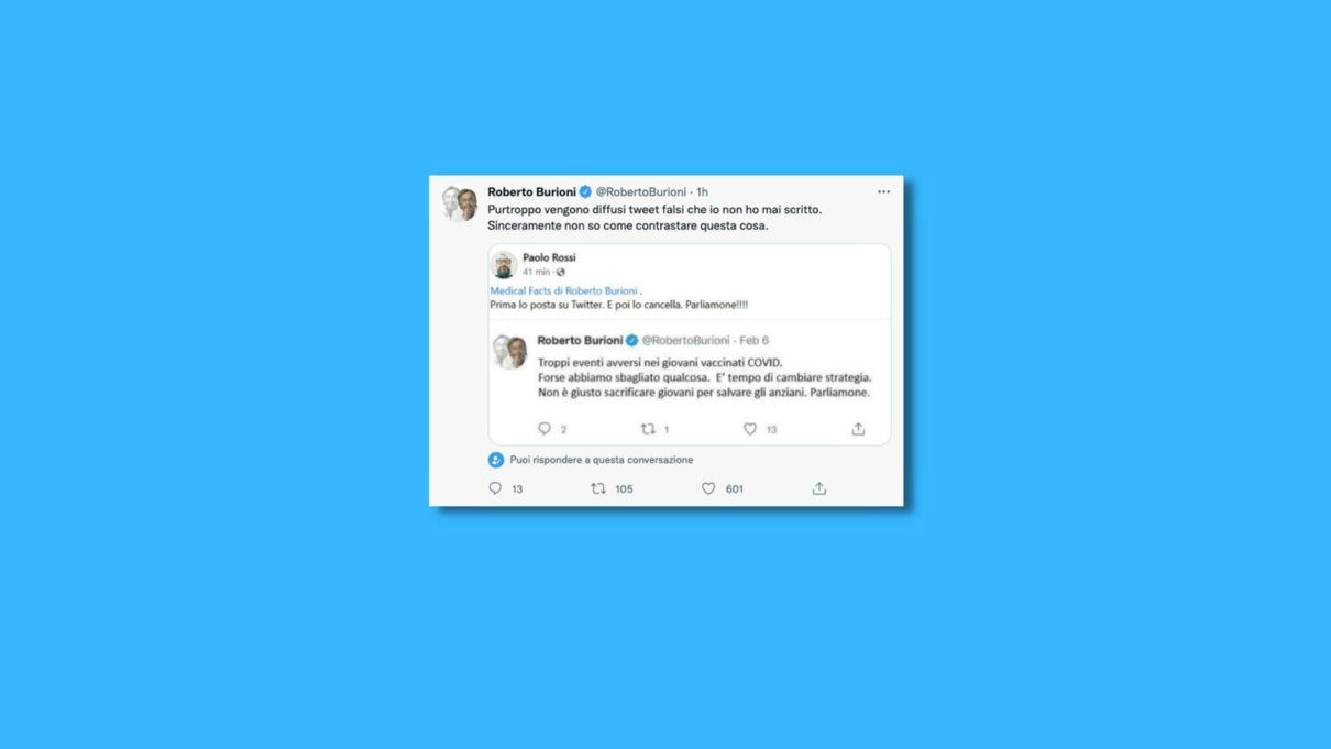 Il falso tweet di Burioni sui «troppi eventi avversi nei giovani vaccinati» article-post