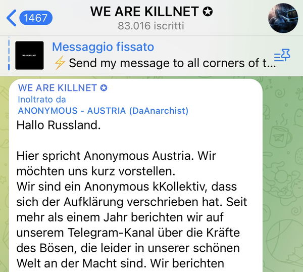 Anonymous Austria si schiera con il gruppo hacker russo KillNet