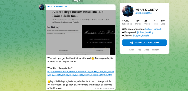 Killnet prende in giro la stampa italiana: «L’attacco hacker è stato fatto da un nostro bambino disobbediente, non da noi»