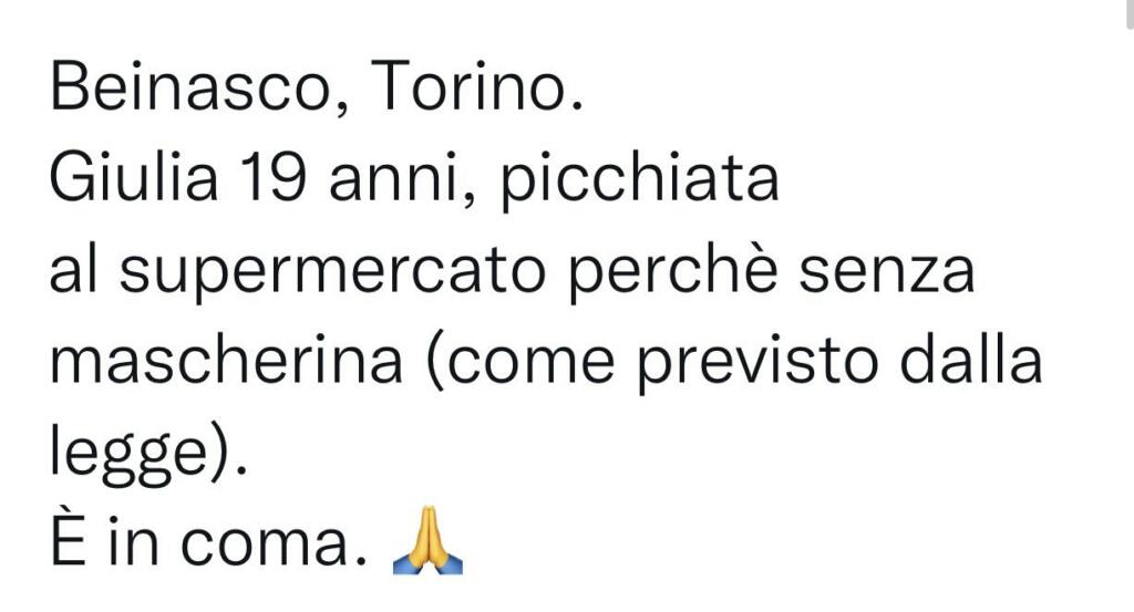 Ragazza picchiata senza mascherina Beinasco Tweet