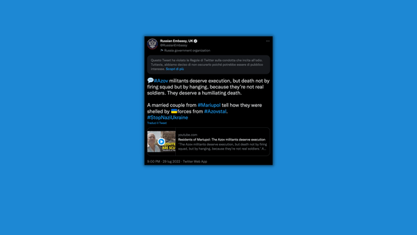 Twitter non oscura il tweet dell’ambasciata russa UK che parla di morte per impiccagione dei militanti dell’Azov