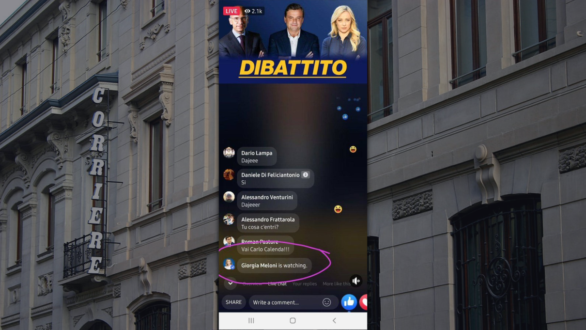L’inedito dibattito “virtuale” su Facebook di Calenda e la Meloni che si collega alla sua diretta article-post