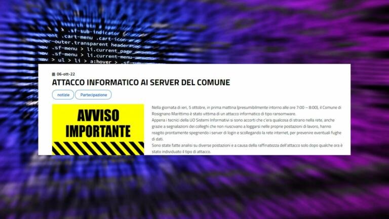 Il Comune di Rosignano Marittimo è stato vittima di un attacco informatico di tipo ransomware