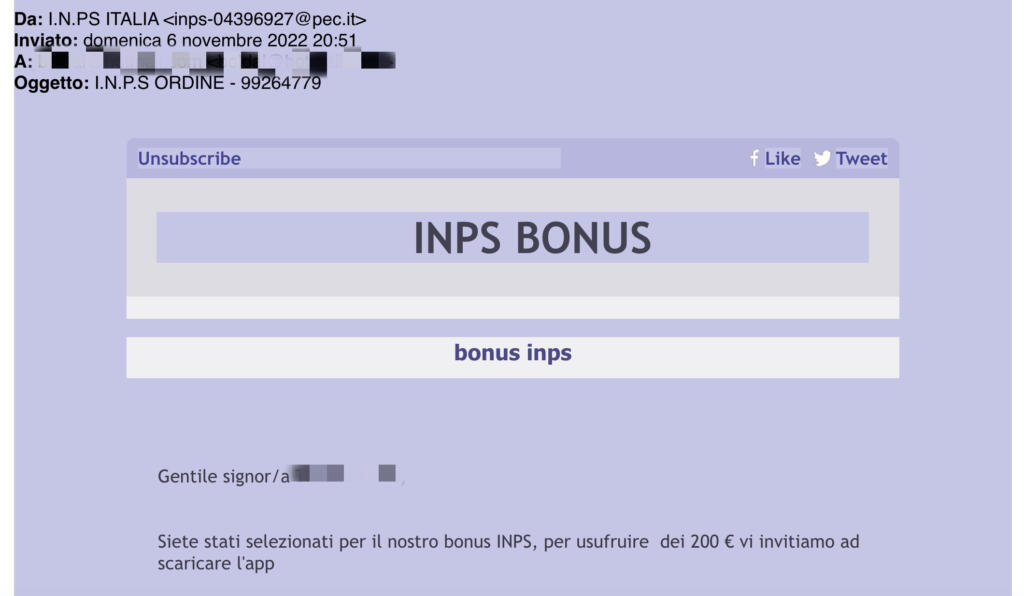 Mail Inps bonus 200 euro