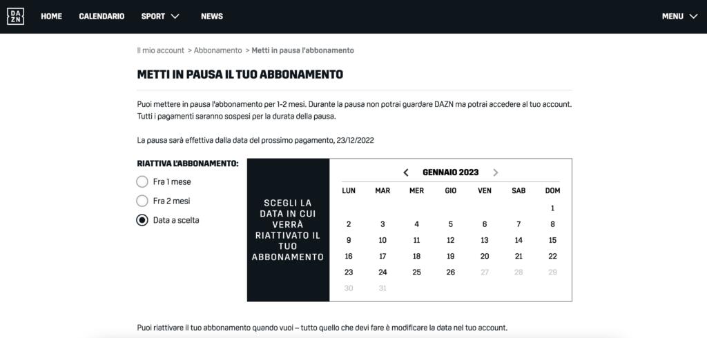 pausa abbonamento Dazn