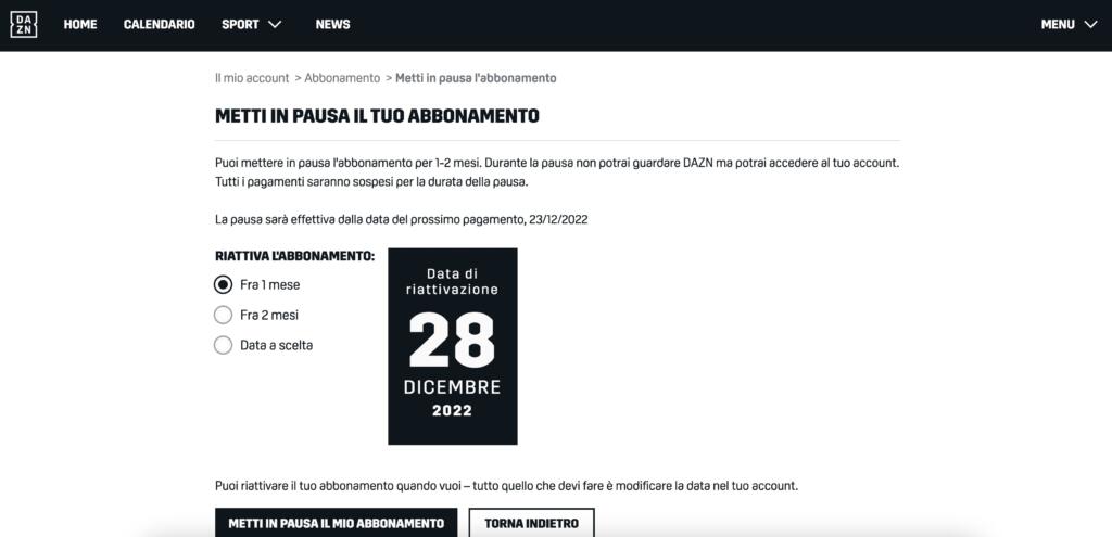 pausa abbonamento Dazn