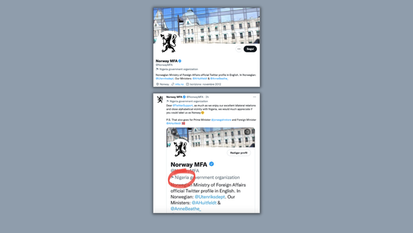 Secondo Twitter, l’account del ministero degli Esteri norvegese è una organizzazione nigeriana