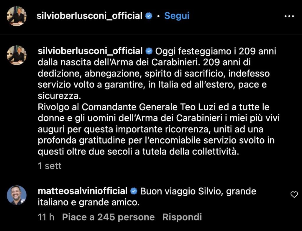 Profilo Instagram Berlusconi, commento Salvini