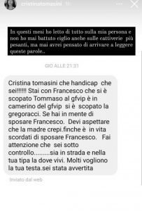 Le minacce a Cristina Tomasini, la fidanzata di Francesco Oppini