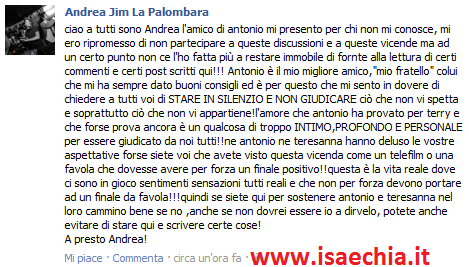 Andrea, amico di Antonio Passarelli, commenta la fine della storia con Teresanna Pugliese preview