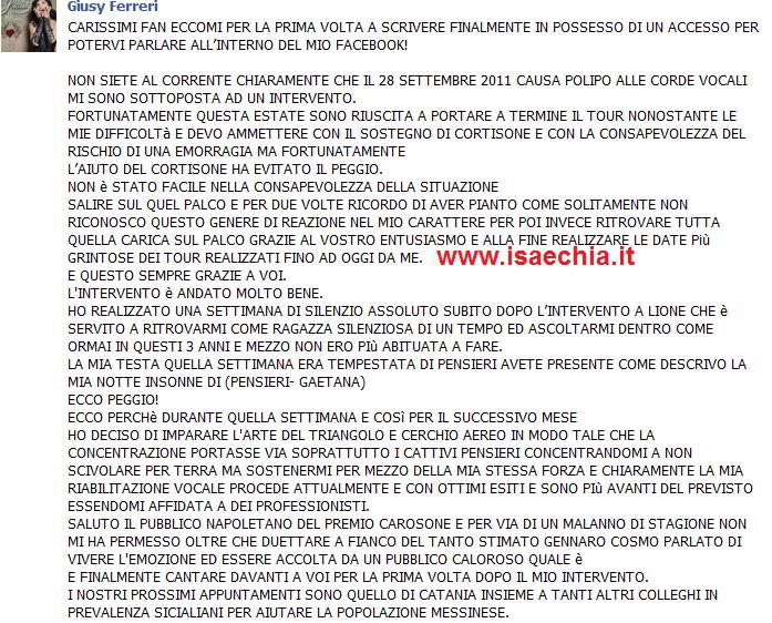 Giusy Ferreri ai suoi fans su Facebook: “Il mio sistema nervoso è a pezzi. Mi sono resa conto di avere un team alle spalle che porta avanti solo le proprie esigenze, senza salvaguardare le mie. Se sparirò per un pò non preoccupatevi ed abbiate fiducia in me!” preview