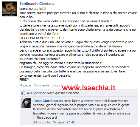 Ferdinando Giordano su Facebook: ‘Non credete a chi inventa storie fantasiose, io e Angelica Livraghi non saremo mai più una coppia!’ article-post