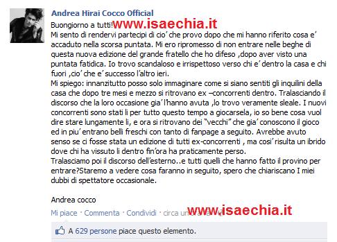 Andrea Cocco su Facebook: “Trovo che l’ingresso degli ex gieffini nella casa del GF12 sia scandaloso e irrispettoso sia verso chi e’ dentro la casa sia verso chi è fuori” preview