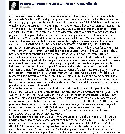 Francesca Pierini, su Facebook,si difende dalle accuse