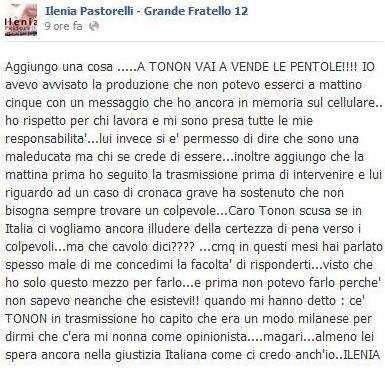 Ilenia Pastorelli, su Facebook, risponde alle accuse di Federica Panicucci