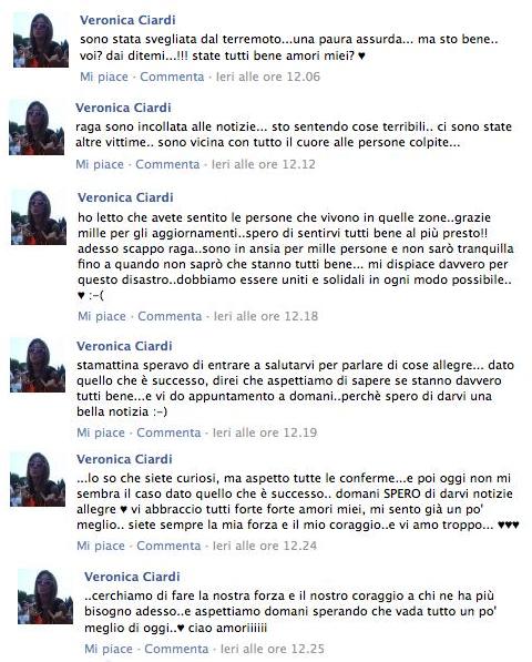Veronica Ciardi commenta nel suo fansclub quanto sta accadendo in Italia a causa dei terremoti preview