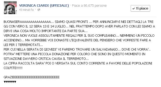 Veronica Ciardi ai fan: ‘Non voglio regali per il mio compleanno, ma donazioni per le popolazioni terremotate dell’Emilia!’