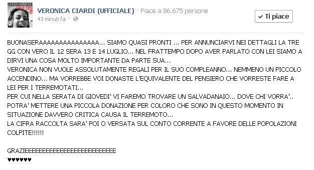 Veronica Ciardi ai fan: ‘Non voglio regali per il mio compleanno, ma donazioni per le popolazioni terremotate dell’Emilia!’ preview
