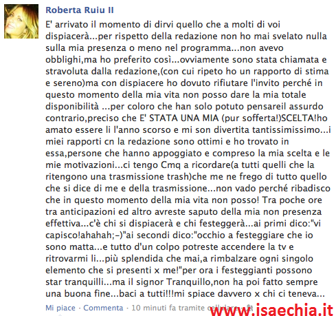 Roberta Ruiu su Facebook: ‘La redazione mi stravoleva sul trono, ma -seppur con dispiacere- ho rifiutato..’ preview