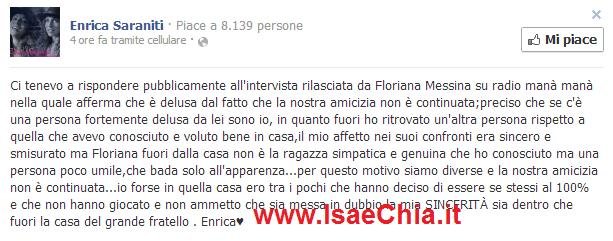 Enrica Saraniti replica a Floriana Messina: “Se la nostra amicizia non è continuata è solo perchè Floriana fuori dalla casa è una persona poco umile, che bada solo all’apparenza”