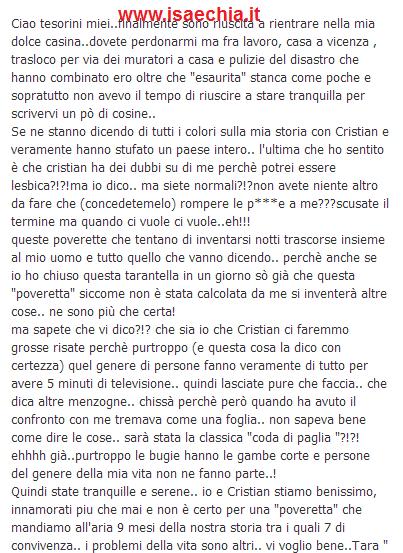 Tara Gabrieletto sul suo forum: “Io e Cristian Gallella stiamo benissimo, innamorati piu che mai e non è certo per una “poveretta” che manderemo all’aria 9 mesi della nostra storia!”