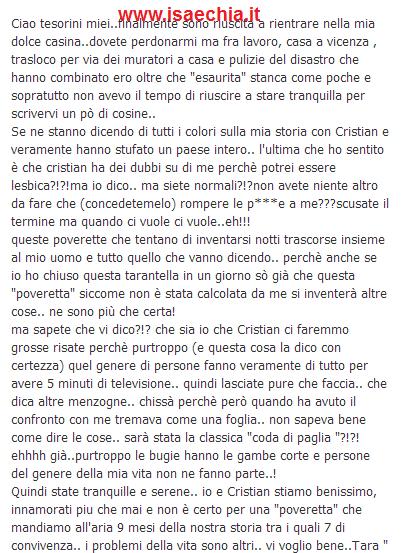 Tara Gabrieletto sul suo forum: “Io e Cristian Gallella stiamo benissimo, innamorati piu che mai e non è certo per una “poveretta” che manderemo all’aria 9 mesi della nostra storia!” article-post
