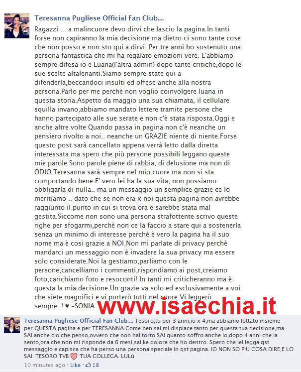 Le amministratici della pagina di Teresanna Pugliese contro di lei: “In tre anni non ci ha detto manco un grazie…”