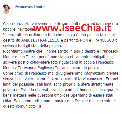 Un post sulla fanpage ufficiale di Francesco Monte genera malcontento tra i fan della coppia Francesco-Teresanna Pugliese preview