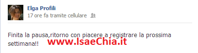Elga Profili su Facebook: “Pausa terminata, la settimana prossima tornerò a registrare” preview