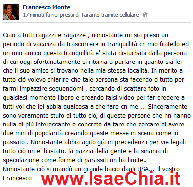 Francesco Monte su Facebook: “Jessica Cerniglia mi ha inseguito fino negli Usa alla ricerca di uno scoop!”