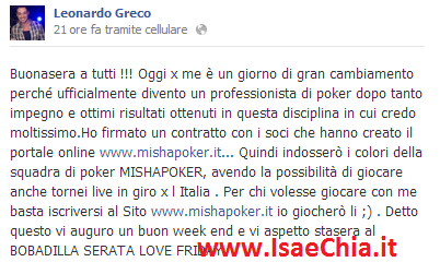 Leonardo Greco su Facebook annuncia: “Per me è tempo di cambiamenti: diventerò un professionista di poker” (come la neo fidanzata…) preview