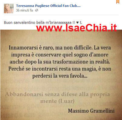 Teresanna Pugliese per San Valentino pubblica su Facebook una frase riferita a Francesco Monte? preview