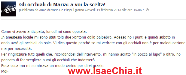 Maria De Filippi fa scegliere al suo pubblico gli occhiali che indosserà per coprire l’occhio operato: foto preview