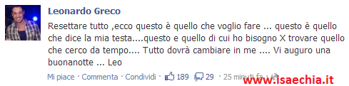 Leonardo Greco su Facebook: ‘Voglio resettare tutto!’ preview