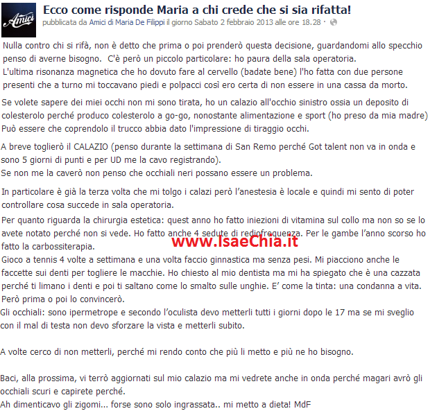 Maria De Filippi pochi minuti fa su Facebook: “Non mi sono rifatta, ho un deposito di colesterolo nell’occhio. Gli zigomi? Forse sono ingrassata, mi metterò a dieta!” article-post