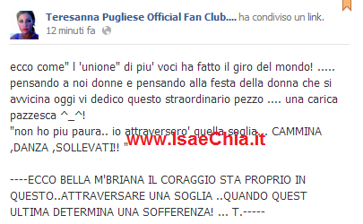 Teresanna Pugliese pubblica una canzone su Facebook e scrive: “Il coraggio sta nell’attraversare una soglia quando questa determina una sofferenza…’ preview