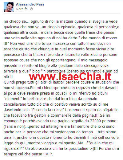 Alessandro Pess su Facebook replica all’ultimo post di Chia ed in un video ironizza sul corretto uso della grammatica preview