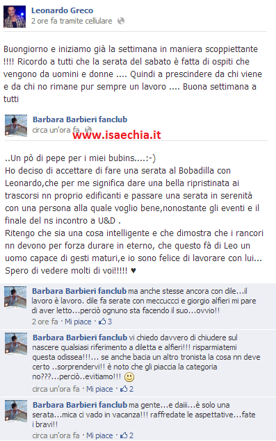 Leonardo Greco invita Barbara Barbieri al Bobadilla per la prossima ‘Notte dei Tronisti’. E lei su Facebook scrive ai fans: ‘Raffreddate le aspettative, è solo una serata!’ preview