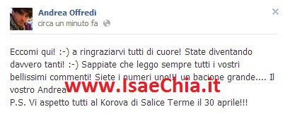 Andrea Offredi scrive nella sua fanpage e lascia una nuova foto preview