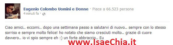 Eugenio Colombo scrive nella sua fanpage e ringrazia i fan preview