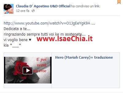 Claudia D’Agostino su Facebook dedica una canzone ad Andrea Offredi (video)