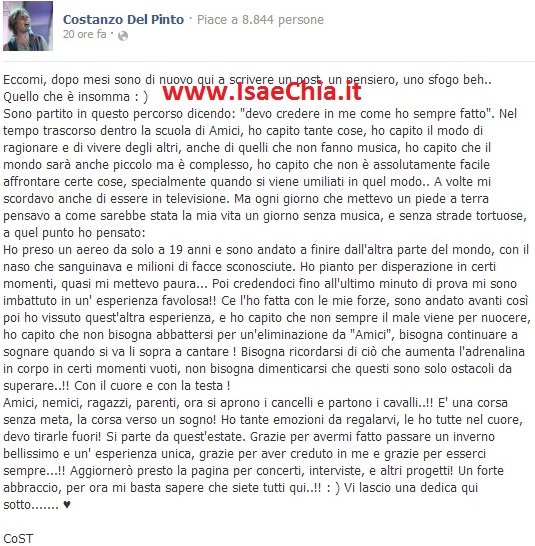 Costanzo Del Pinto ed Anthony Donadio scrivono su Facebook dopo l’eliminazione da ‘Amici di Maria De Filippi’