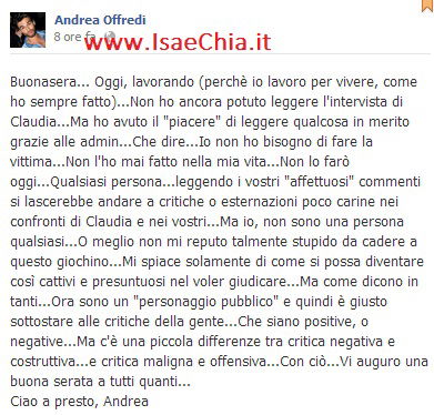 Andrea Offredi pubblica una nuova foto e su Facebook scrive: “Non ho bisogno di fare la vittima, mi spiace solamente di come si possa diventare così cattivi e presuntuosi nel voler giudicare.” E sulla nostra fanpage qualche altro messaggio della sorella di Claudia… preview